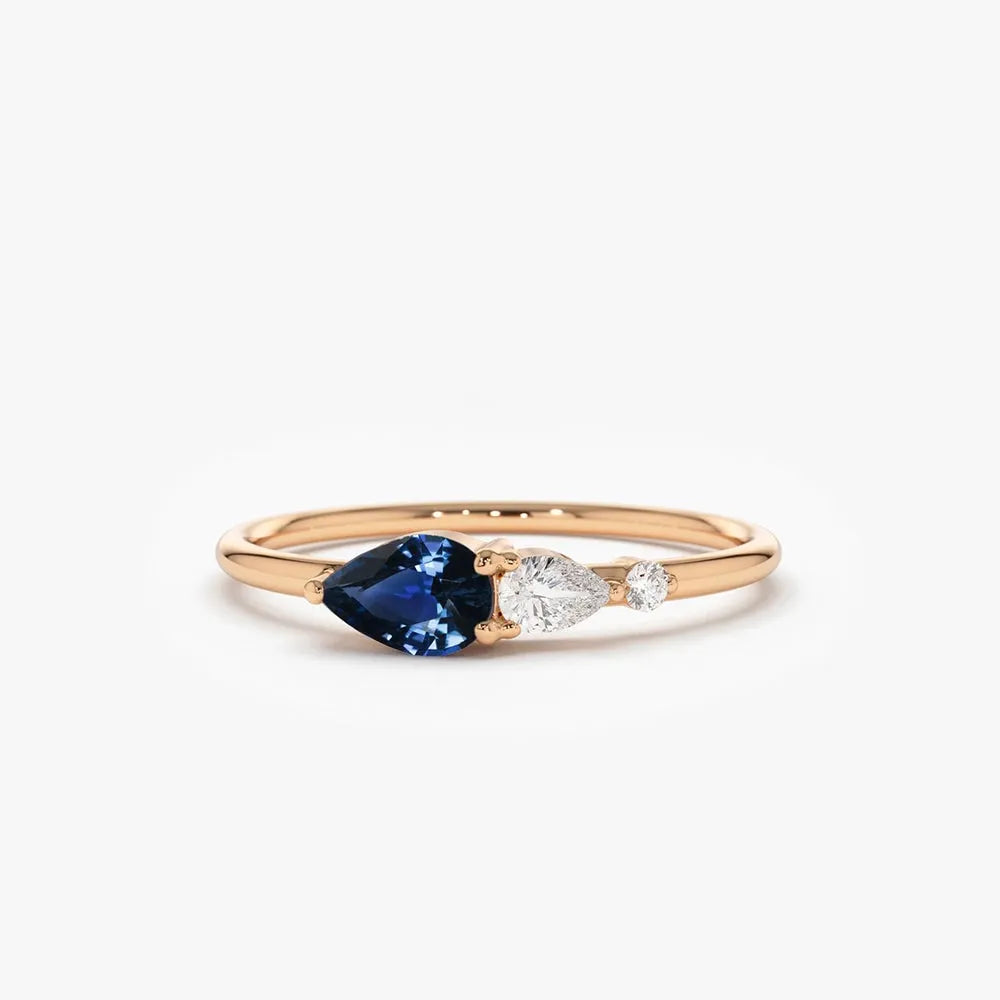 14k Gold Natural Sapphire and Diamond Pear Cut Ring Prong Setting 0.39 ctw