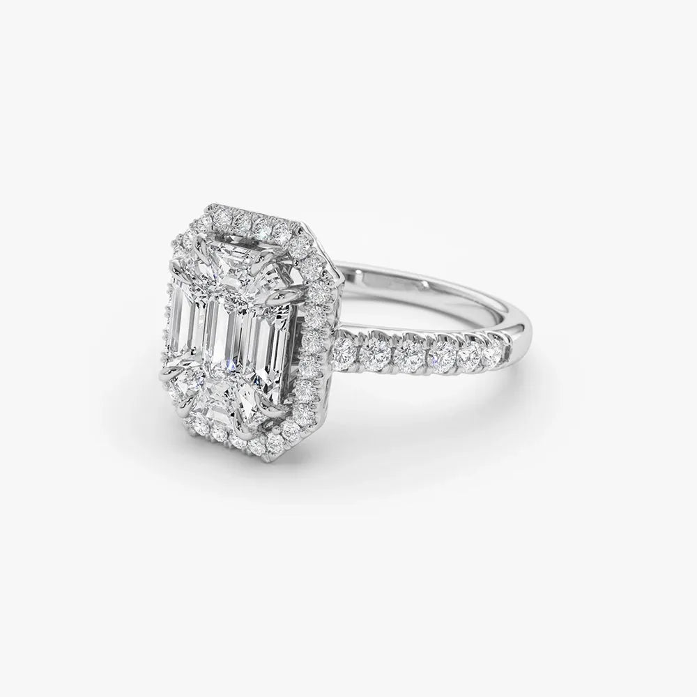 14k Gold 0.55 CTW Diamond Emerald Cut Illusion Halo Engagement Ring with Invisible Claw Setting