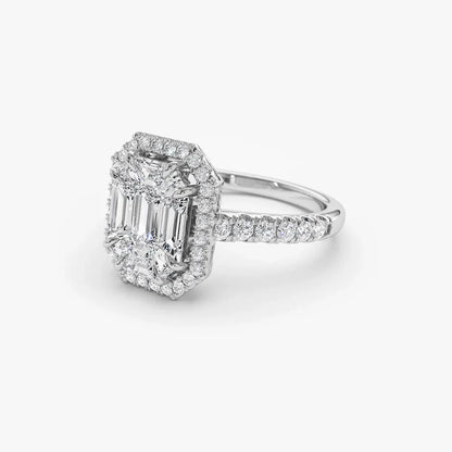 14k Gold 0.55 CTW Diamond Emerald Cut Illusion Halo Engagement Ring with Invisible Claw Setting