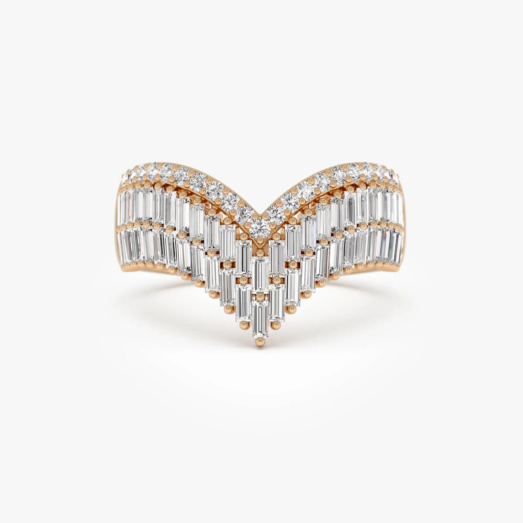 14k Solid Gold Baguette and Round Diamond 0.99 Carat Chevron Statement Ring