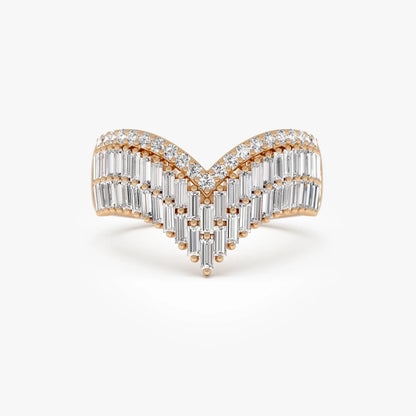 14k Solid Gold Baguette and Round Diamond 0.99 Carat Chevron Statement Ring