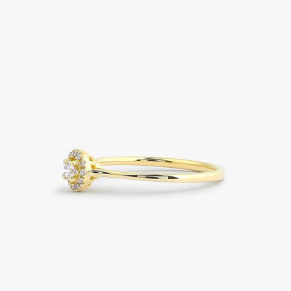14K Solid Gold 0.12 Ctw Baguette and Round Diamond Micro Pave Halo Ring