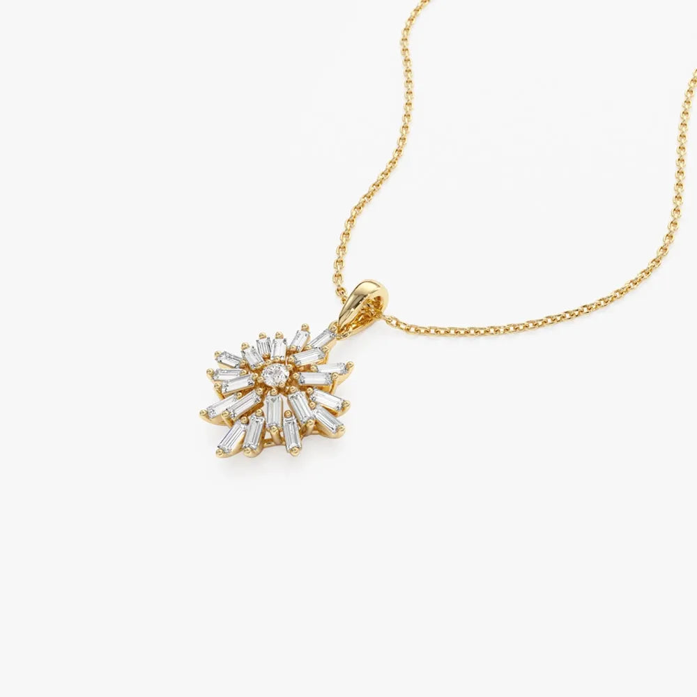 14K Solid Gold Baguette and Round Diamond Cluster Pendant Necklace Prong Setting 0.56ctw