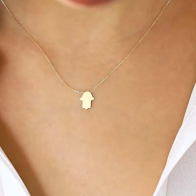 14k Solid Gold Tiny Hamsa Hand Charm Pendant Necklace