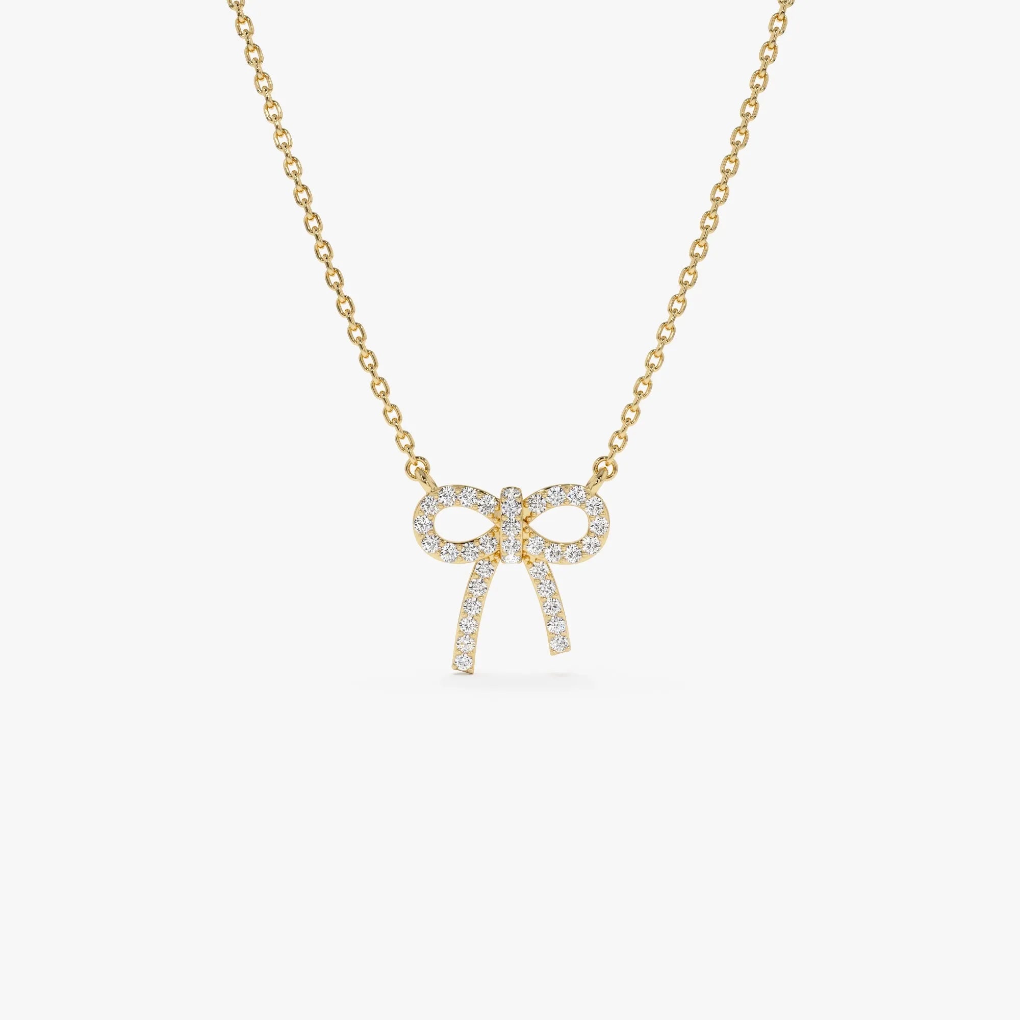 14K Solid Gold 0.17 CTW Round Diamond Bow Necklace Prong Setting