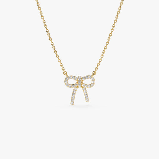 14K Solid Gold 0.17 CTW Round Diamond Bow Necklace Prong Setting