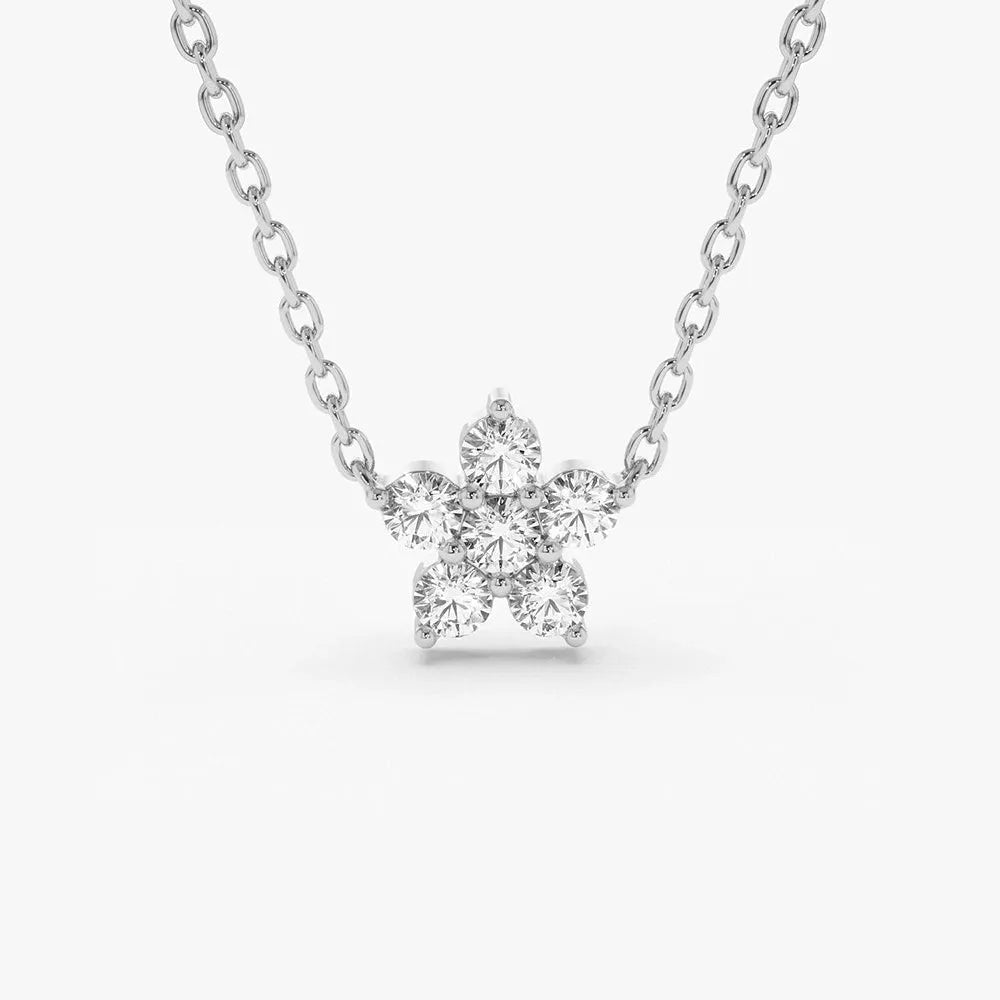 14K Solid Gold Round Diamond Flower Charm Necklace Prong Setting 0.18ctw