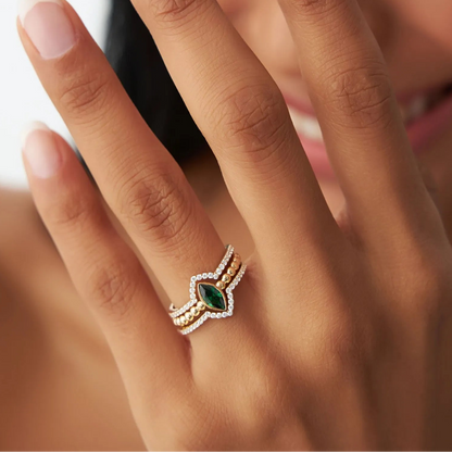 14K Solid Gold Marquise Emerald and Round Diamond Nesting Band Ring 0.70 CTW