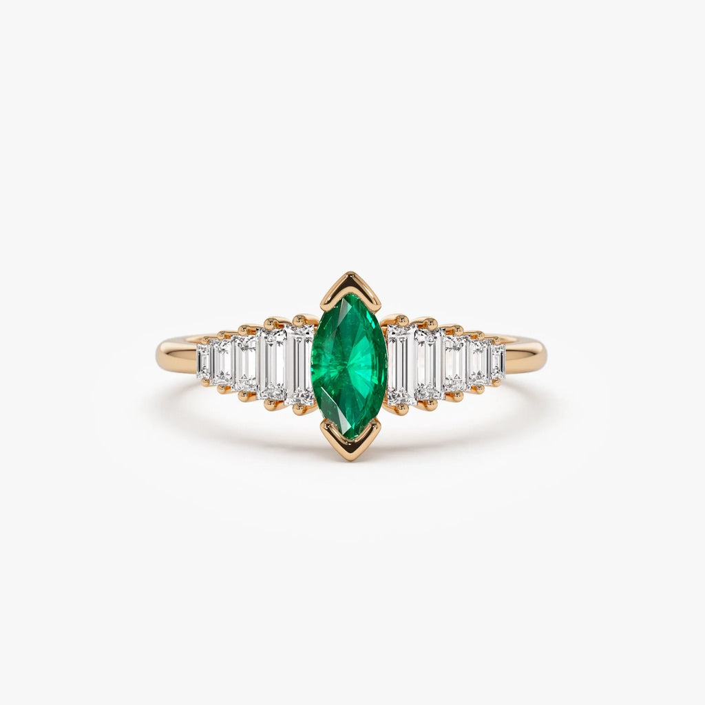 14K Solid Gold Marquise Emerald and Baguette Diamond Ring 0.75 CTW