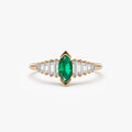14K Solid Gold Marquise Emerald and Baguette Diamond Ring 0.75 CTW