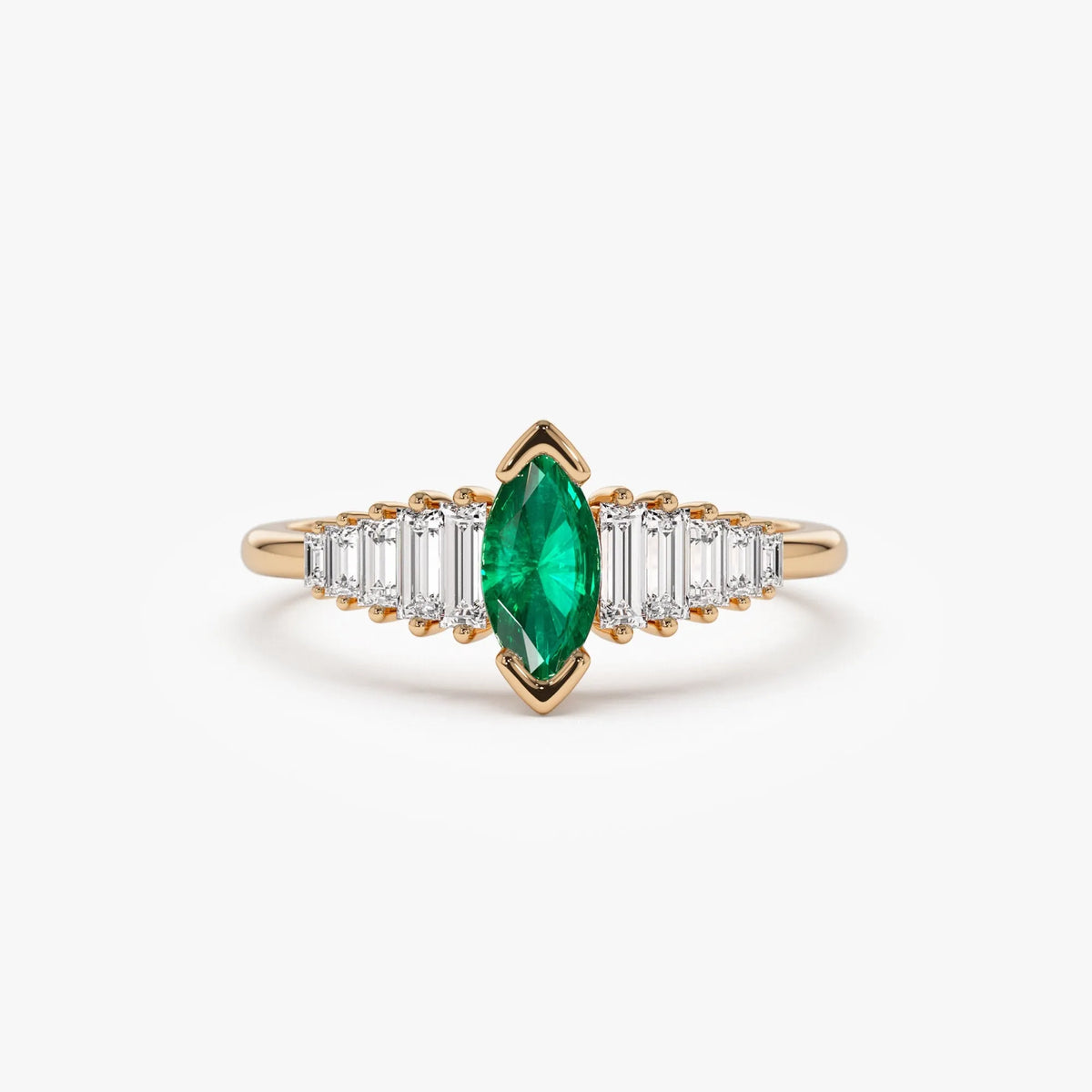 14K Solid Gold Marquise Emerald and Baguette Diamond Ring 0.75 CTW