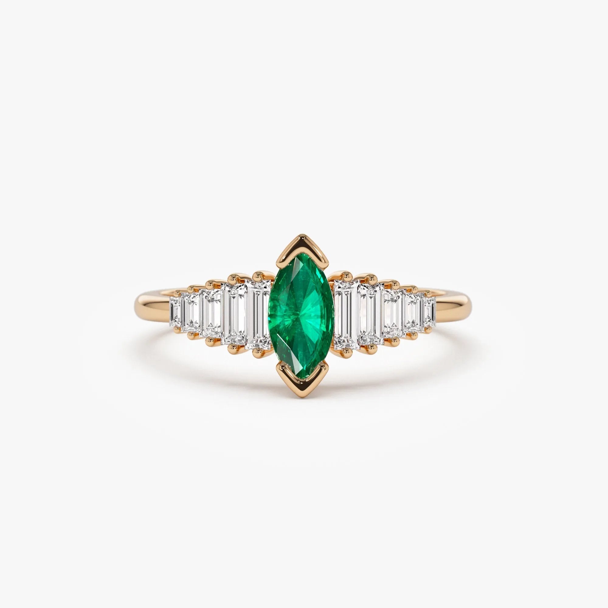 14K Solid Gold Marquise Emerald and Baguette Diamond Ring 0.75 CTW