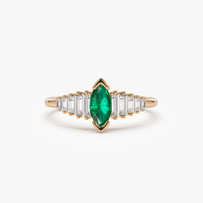 14K Solid Gold Marquise Emerald and Baguette Diamond Ring 0.75 CTW