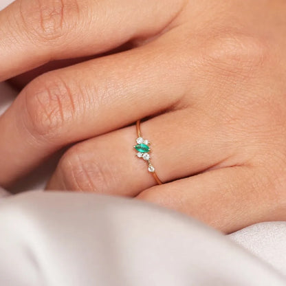 14K Solid Gold Marquise Emerald and Round Diamond Slanted Ring 0.23 CTW Handcrafted Jewelry