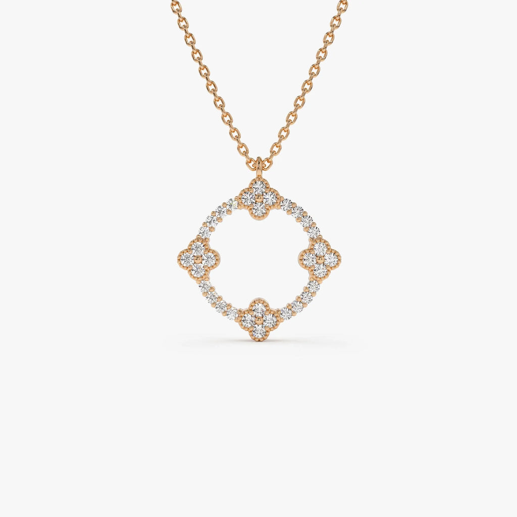 14K Solid Gold 0.32 CTW Round Diamond Clover Circle Necklace
