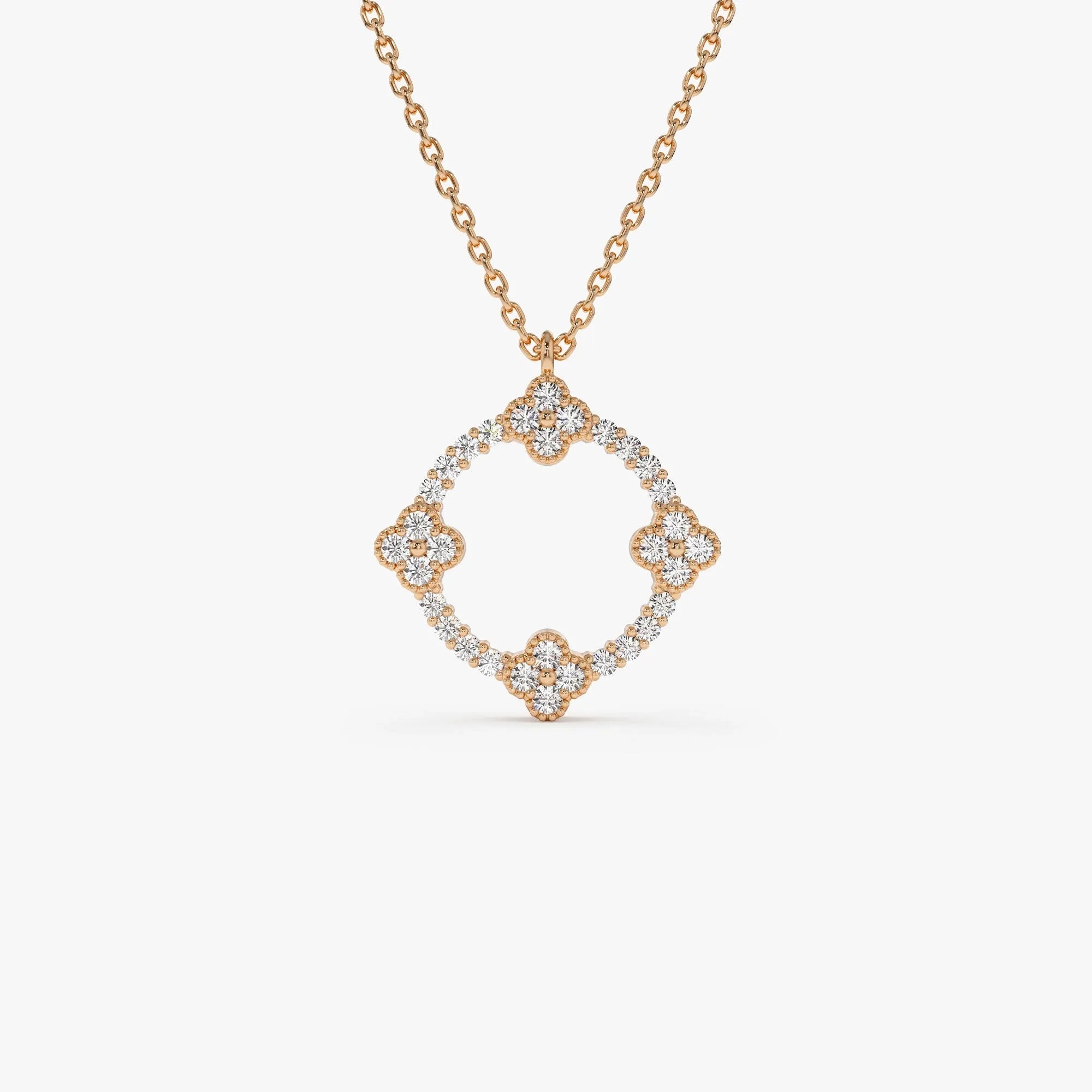 14K Solid Gold 0.32 CTW Round Diamond Clover Circle Necklace