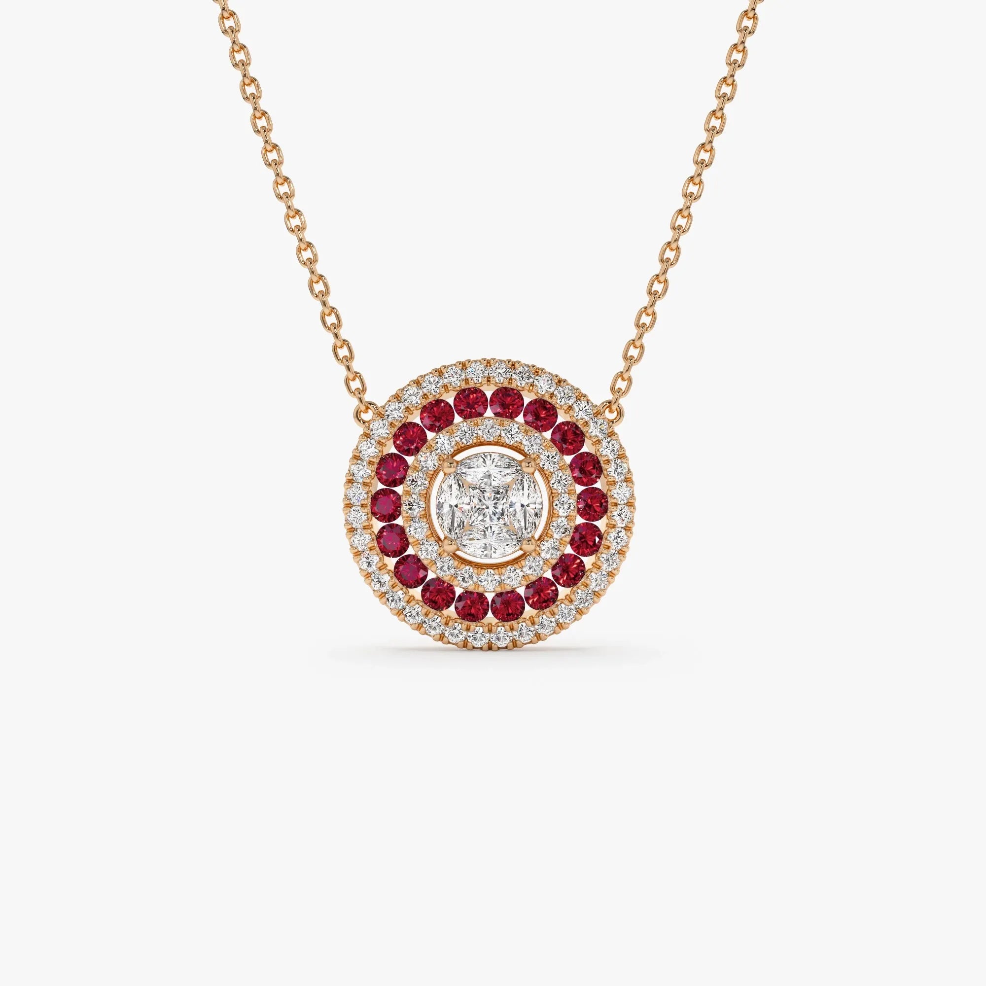 14k Solid Gold Ruby and Diamond Round Princess Marquise Illusion Medallion Necklace 0.75 Carat
