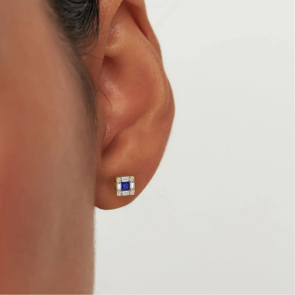 14k Solid Gold Princess Cut Blue Sapphire and Diamond Halo Stud Earrings 0.37 ctw