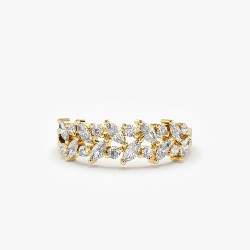 14K Gold Marquise and Round Diamond Two Row Ring