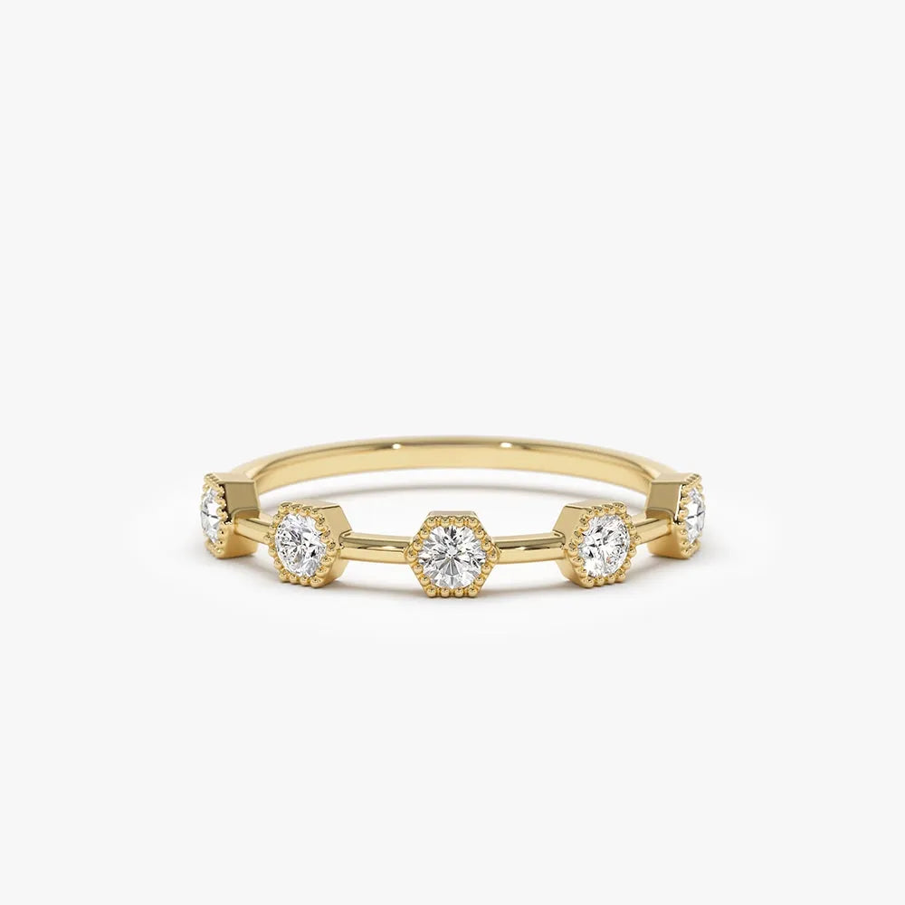 14k Gold Hexagon Milgrain Five Stone Round Diamond Ring 0.32 ctw