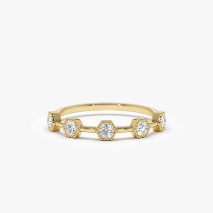 14k Gold Hexagon Milgrain Five Stone Round Diamond Ring 0.32 ctw