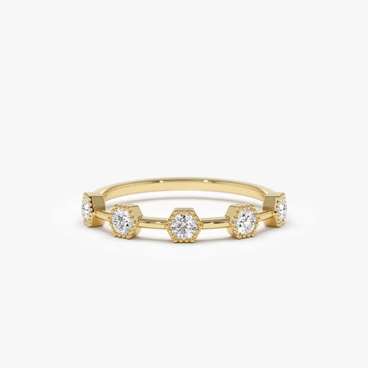 14k Gold Hexagon Milgrain Five Stone Round Diamond Ring 0.32 ctw