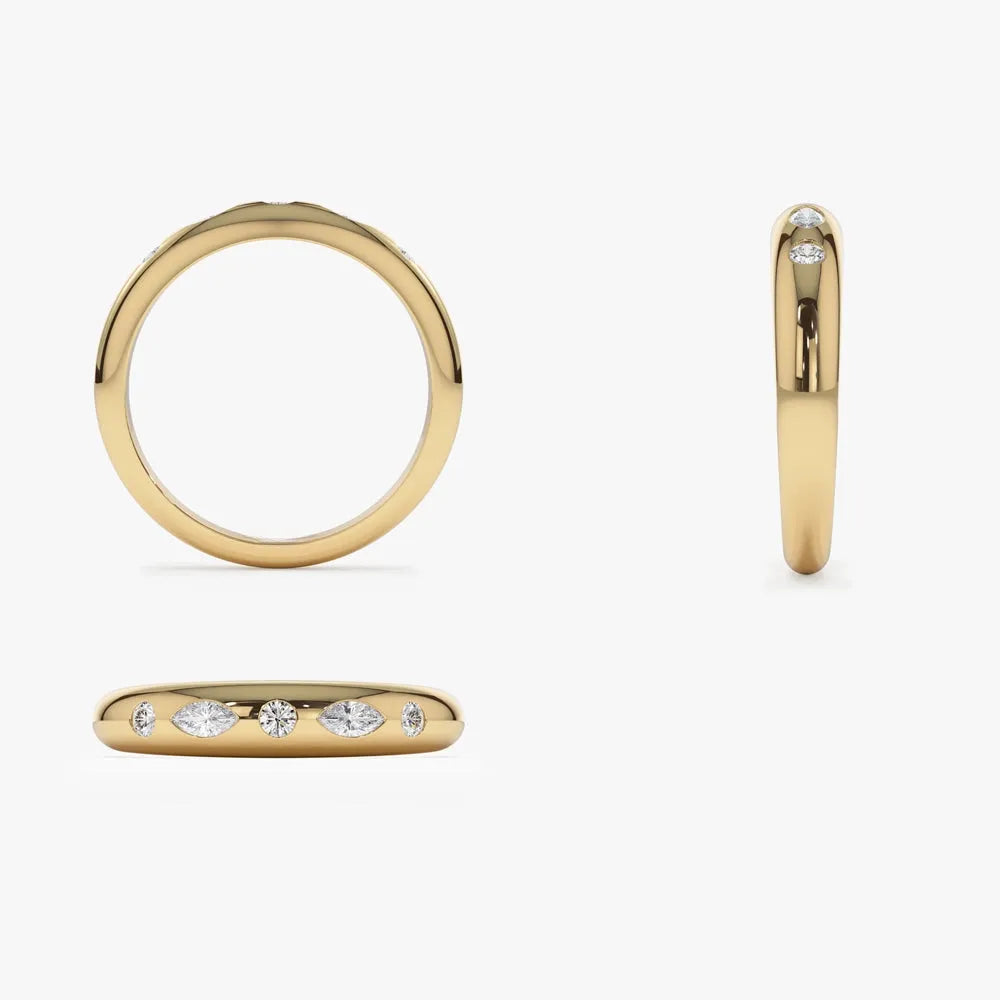 14k Gold Diamond Marquise and Round Dome Flush Setting Ring 0.22 ctw