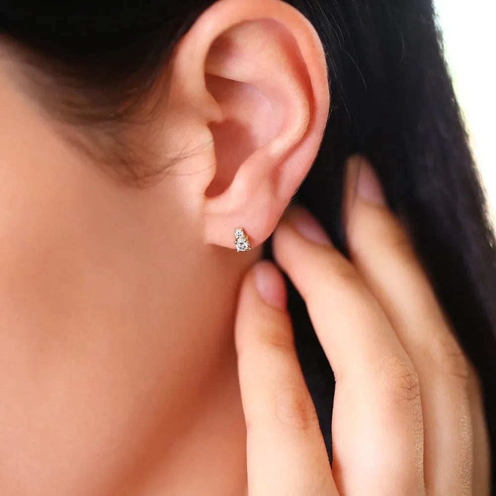 14k Gold Diamond Round Cut Double Stud Earrings Prong Setting 0.30 ctw