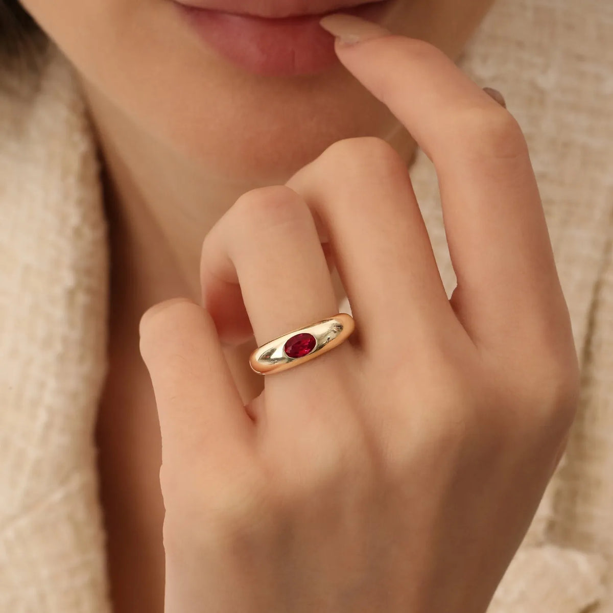 14k Gold Ruby Oval Cut Flush Set Dome Ring 0.49 ctw