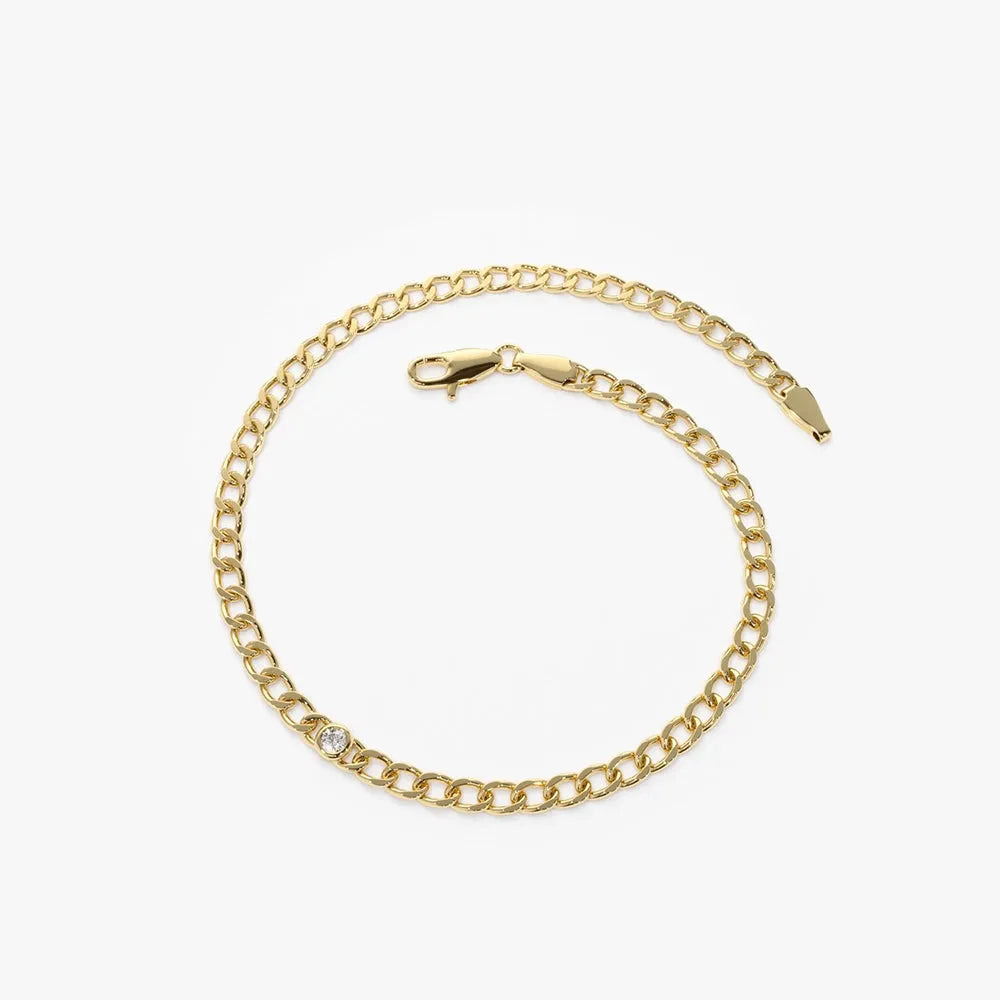14K Solid Gold Lab Grown Diamond Round Bezel Cuban Link Chain Bracelet 0.6 Carat
