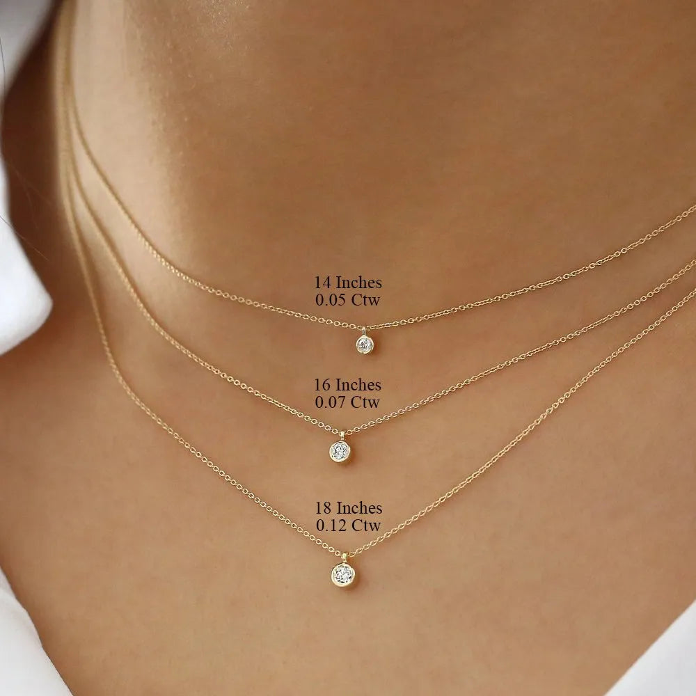 14k Solid Gold Round Diamond Solitaire Bezel Set Pendant Necklace