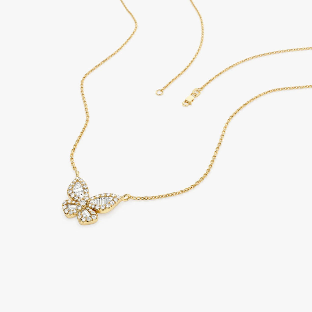 14K Solid Gold Baguette and Round Diamond Butterfly Pendant Necklace 0.32ctw