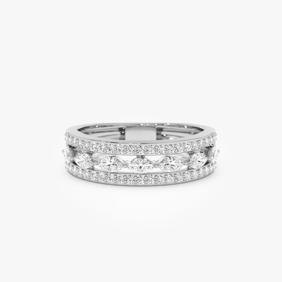 14k Solid Gold Marquise and Round Diamond 0.61 Carat Multi Band Ring