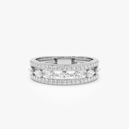 14k Solid Gold Marquise and Round Diamond 0.61 Carat Multi Band Ring