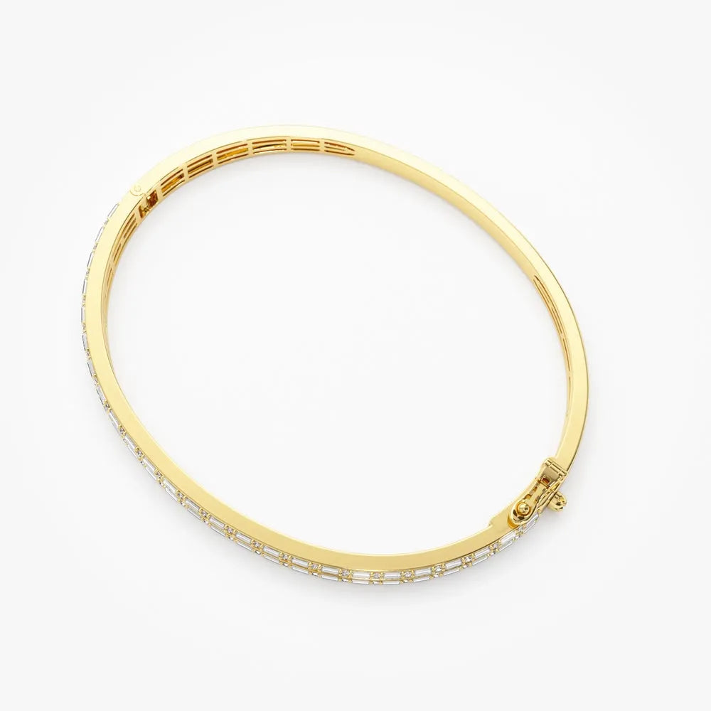 14K Solid Gold 2.60 CTW Baguette and Round Diamond Micro Pave Statement Bangle
