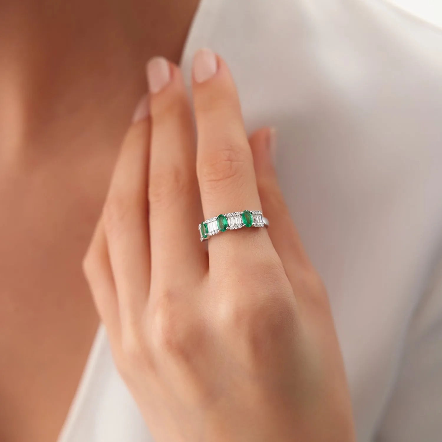 14K Solid Gold Oval Emerald and Baguette Round Diamond Ring 1.43 CTW Handcrafted Jewelry