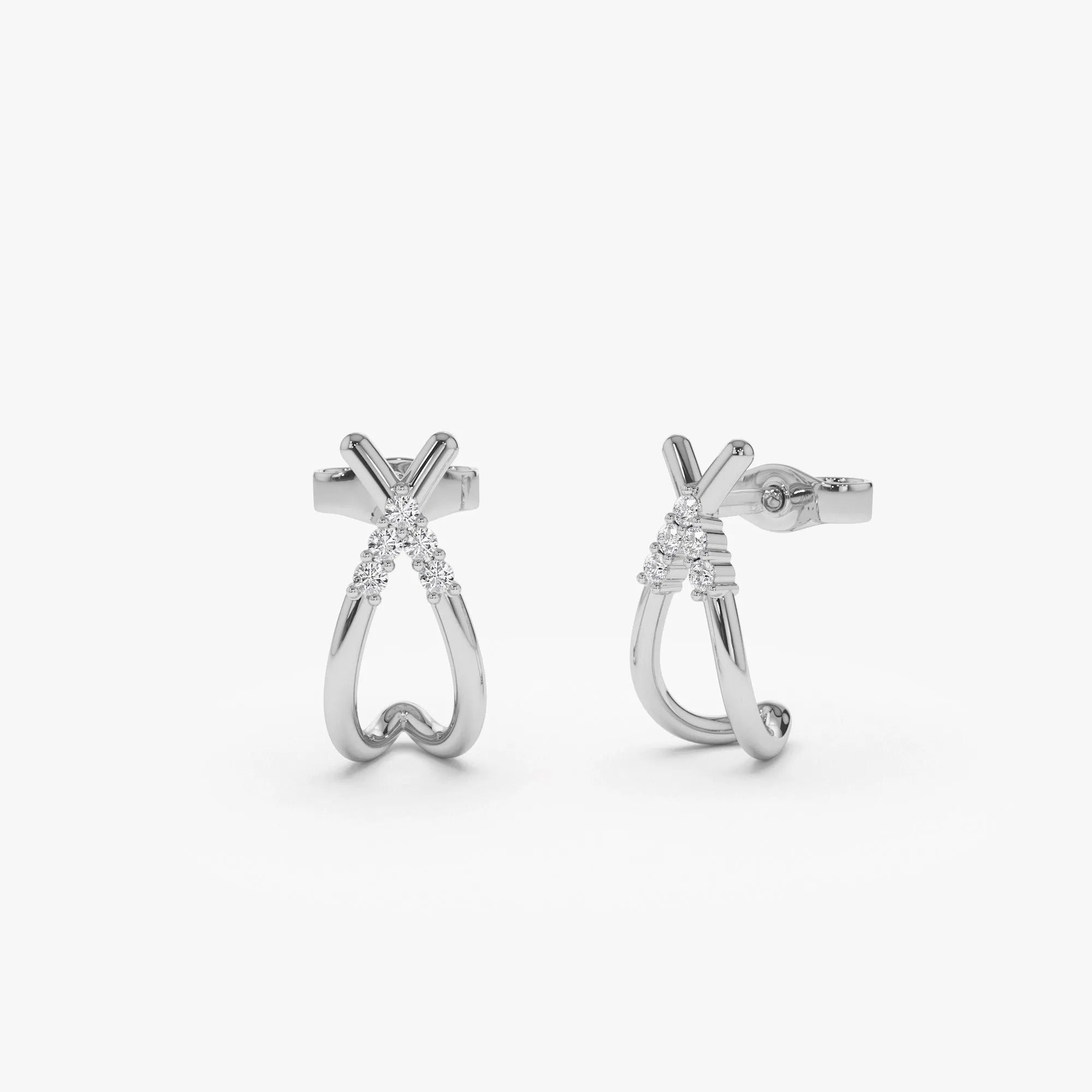 14k Gold Diamond Round Cut Criss Cross Half Hoop Stud Earrings 0.09 ctw