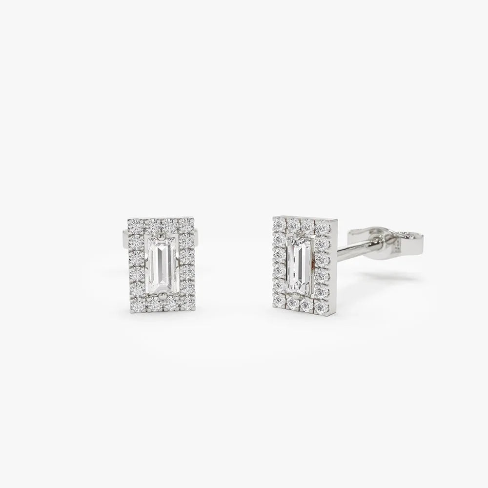14k Gold Diamond Baguette and Round Cut Halo Setting Stud Earrings 0.45 ctw