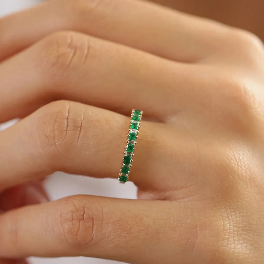 14K Solid Gold Princess Cut Emerald and Baguette Diamond Ring 0.73 CTW Handcrafted Jewelry