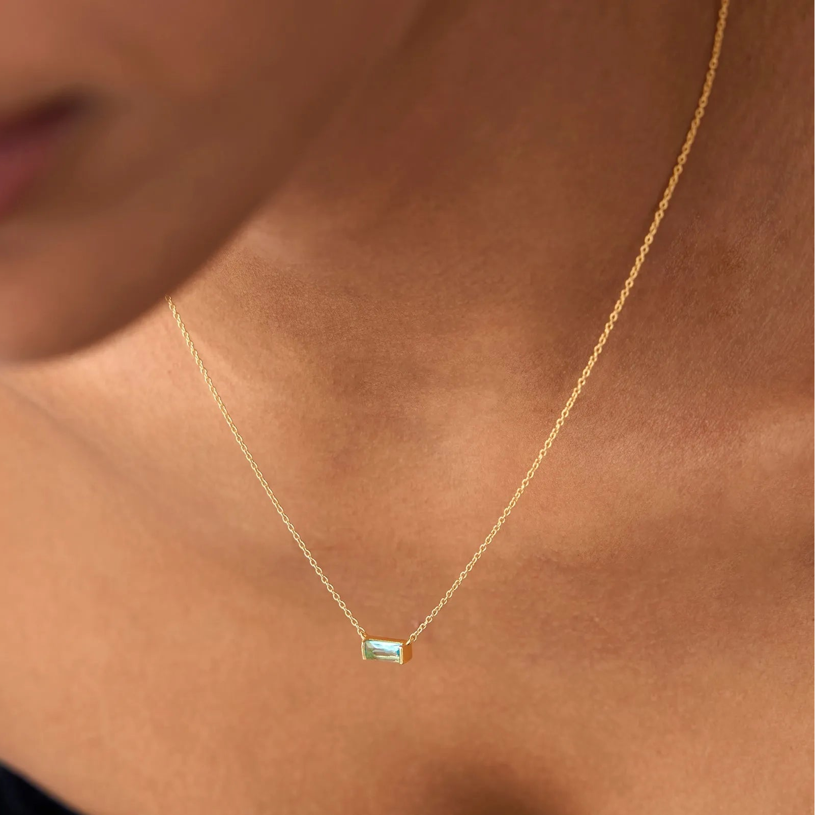 14k Solid Gold London Blue Topaz Baguette Birthstone Necklace 0.45 Carat