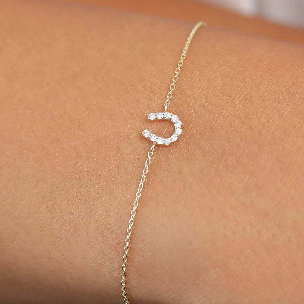 14K Solid Gold Round Diamond Horseshoe Bracelet Micro Pave 0.08 Carat