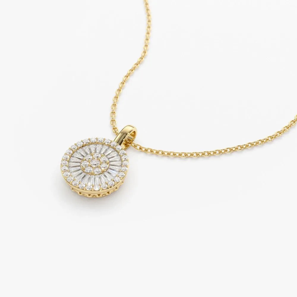 14K Solid Gold Baguette and Round Diamond Disc Cluster Necklace 0.44ctw