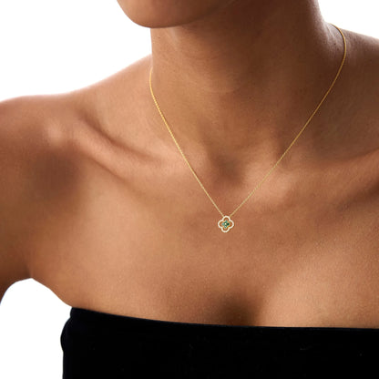 14k Solid Gold Round Emerald 0.10 CTW and Diamond 0.10 CTW Clover Halo Pendant Necklace