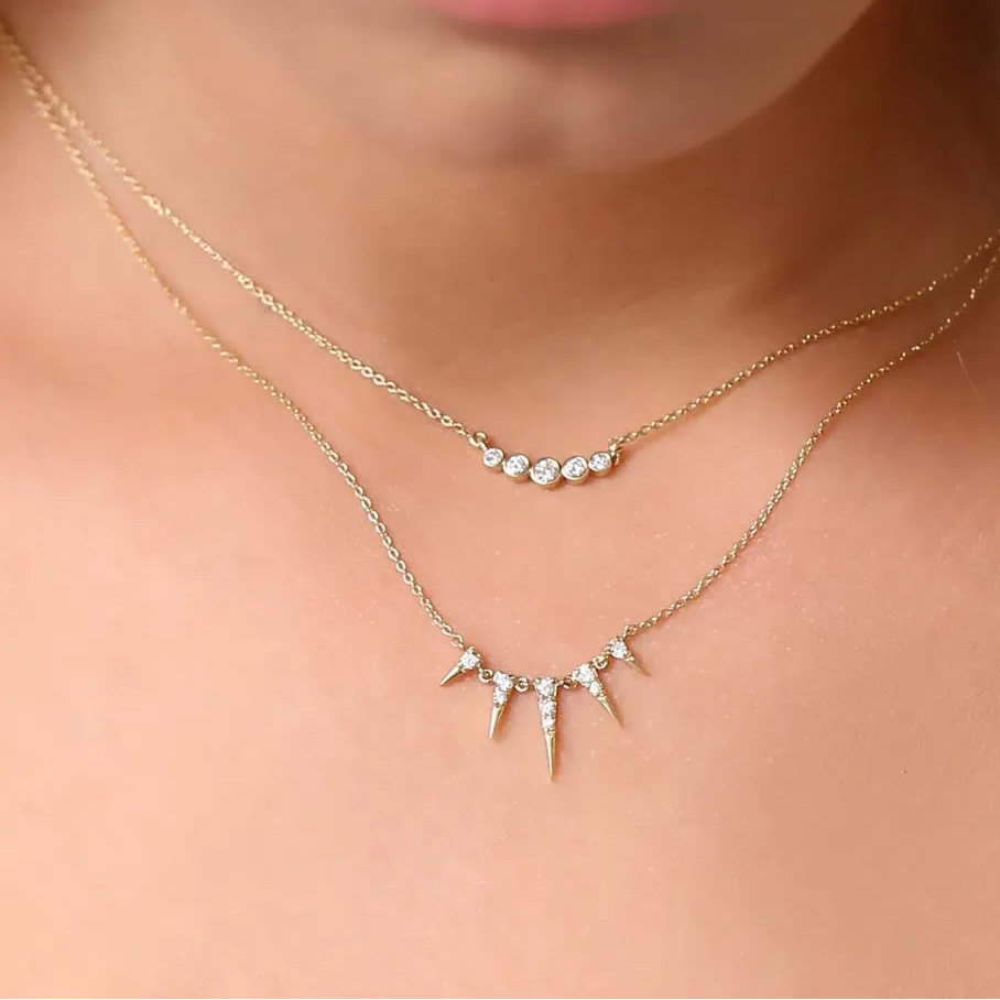14K Solid Gold Round Diamond Spike Pendant Necklace Prong Setting 0.18ctw