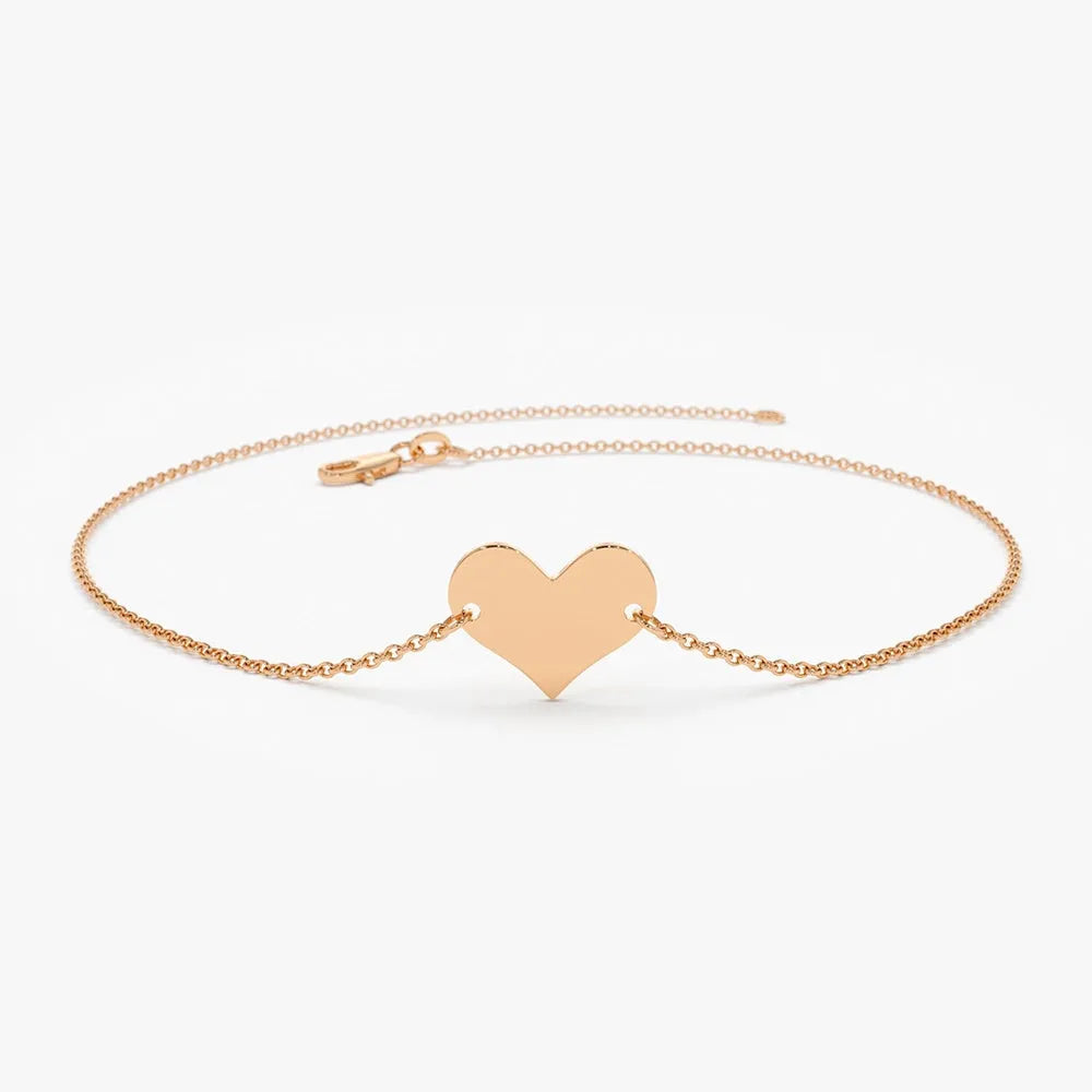 14K Solid Gold Heart Shape Charm Link Bracelet