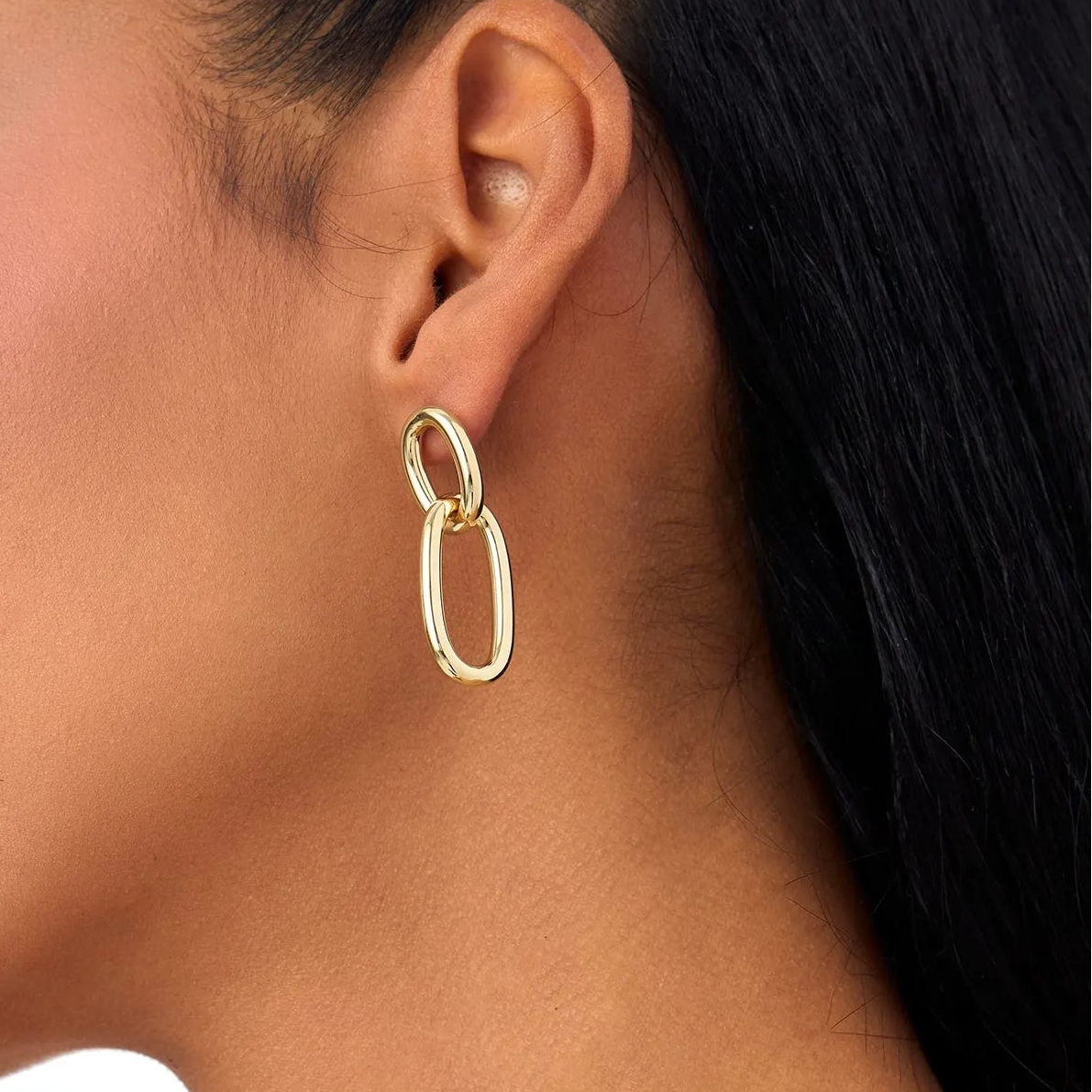 14k Yellow Gold Double Link Dangle Earrings Statement Drop Design 3mm Width