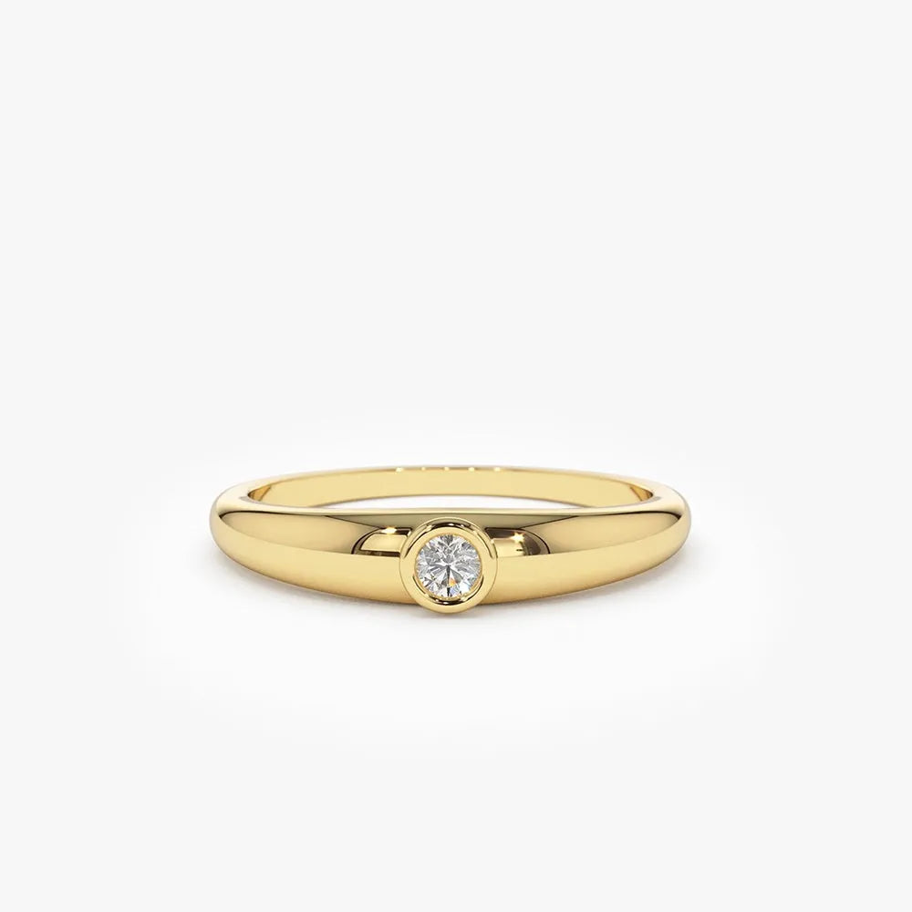 14k Solid Gold 0.07ctw Round Cut Diamond Dome Bezel Set Ring