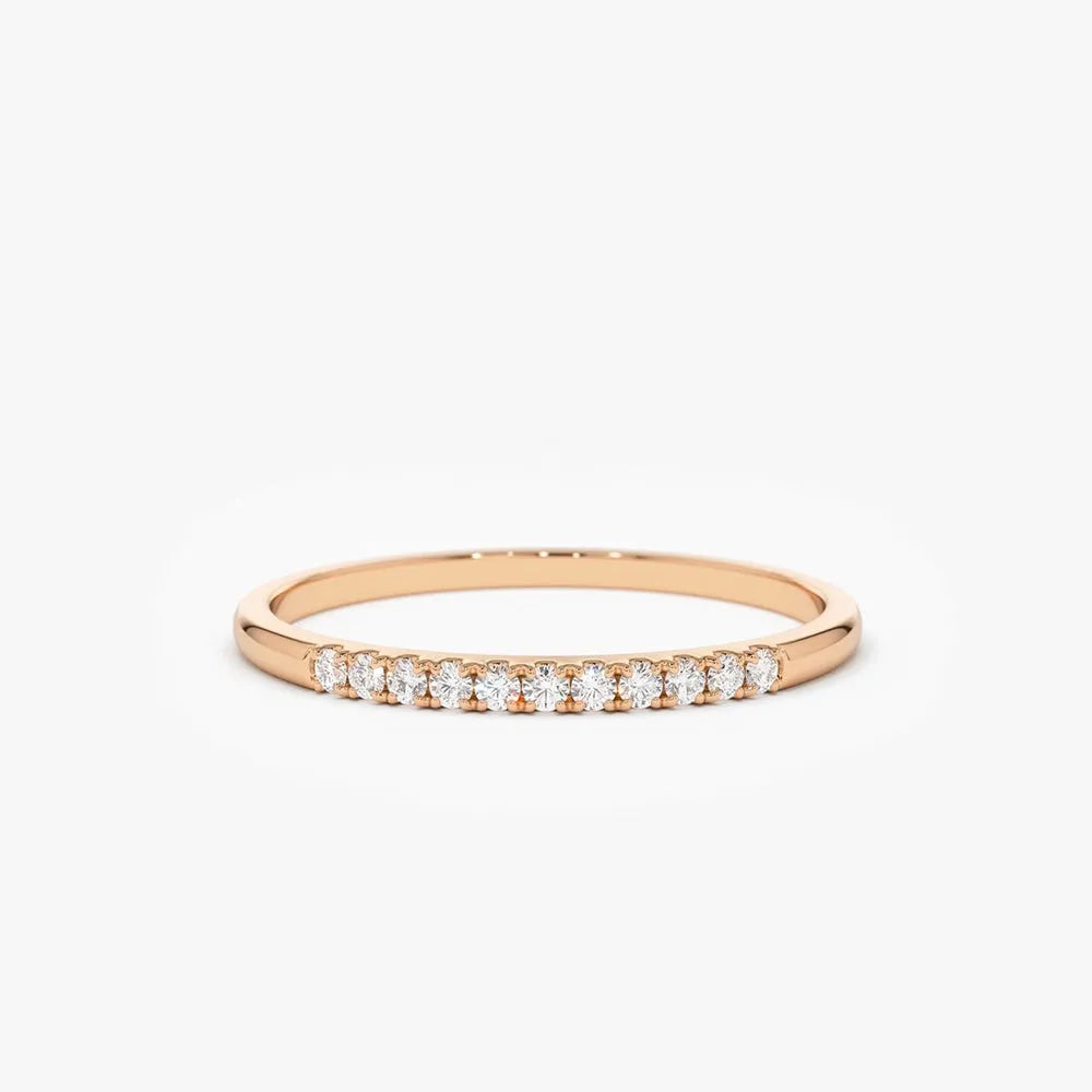 14K Gold Round Diamond 0.10ctw 11 Stone Half Eternity Micro Pave Stackable Wedding Band