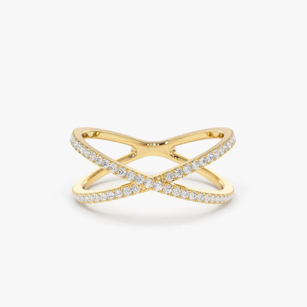14K Gold Round Diamond Micro Pave Criss Cross Ring