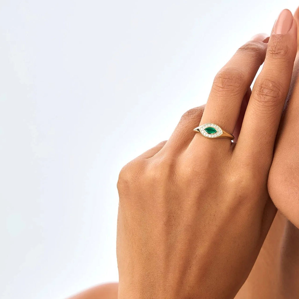 14K Gold Marquise Emerald and Round Diamond Halo Ring 0.31 CTW